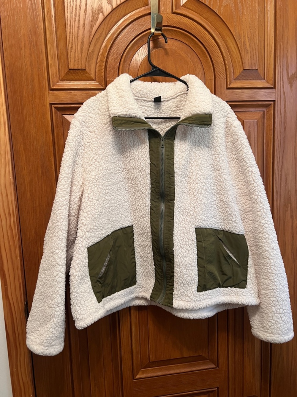 SHEIN Cream Teddy Jacket with Olive Green Trim